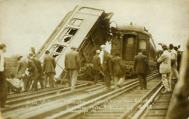 We rediscovered this story of a 100 year old train wreck about 20 miles east of Rochester. [PHOTO: A. Newman, Copyright 1911]