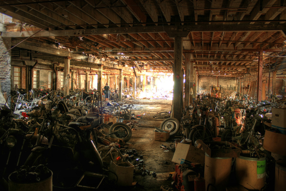 Motorcycles in an abandoned warehouse in Lockport, NY. [PHOTO: Chris Seward, Flickr]