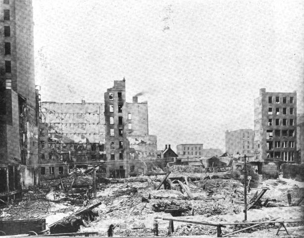 The Rochester Dry Goods District—as it was known—decimated by the fire. Looking north from Main Street.