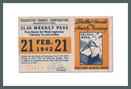 Original Bus & Trolley Ticket, Rochester Transit Corporation, 1942